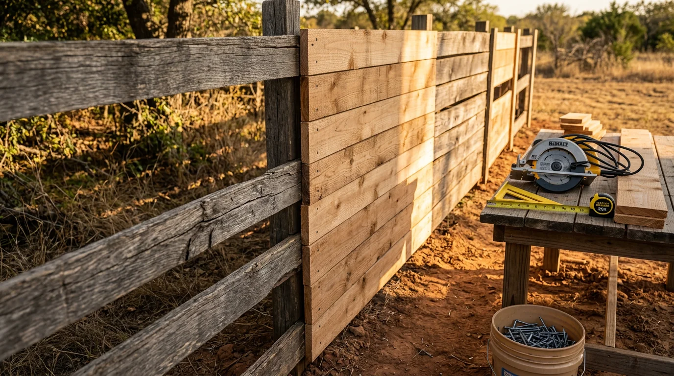 Freshly installed wood fence boards on a residential privacy fence in Midlothian, TX. Boards are evenly spaced and aligned along a full backyard fence line on a clear day.