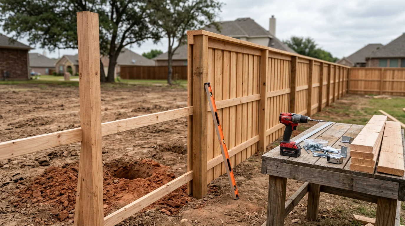 A newly constructed wood privacy fence along the backyard of a single-family home in a Midlothian, TX subdivision. The fence posts are set in concrete footings with straight, evenly spaced pickets running the full length of the property line.