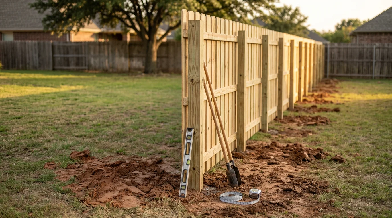Newly installed cedar privacy fence along the backyard perimeter of a single-family home in a Midlothian, TX subdivision. Posts are set in concrete footings with evenly spaced boards and a clean top line.