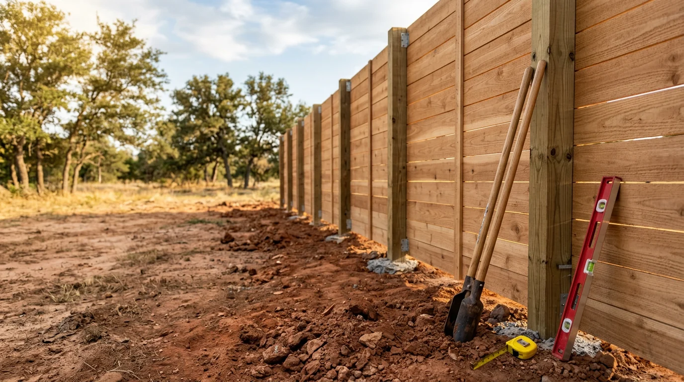 A newly installed wood privacy fence along the backyard of a residential property in Midlothian, TX. Posts are set in concrete footings with clean panel alignment across flat North Texas terrain.