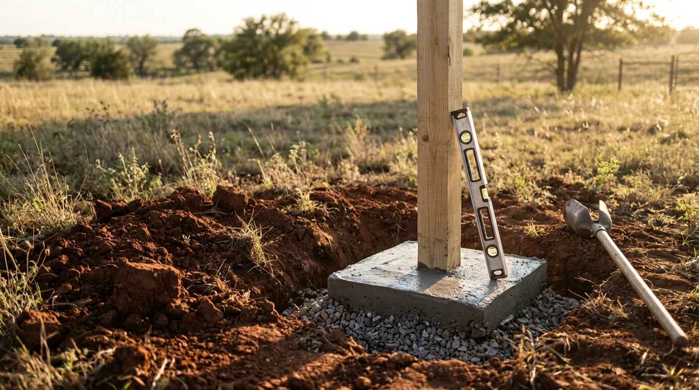 Freshly set fence posts in concrete footings along a residential property line in Midlothian, TX. Posts stand plumb and evenly spaced on a clear day with North Texas clay soil visible around the base.