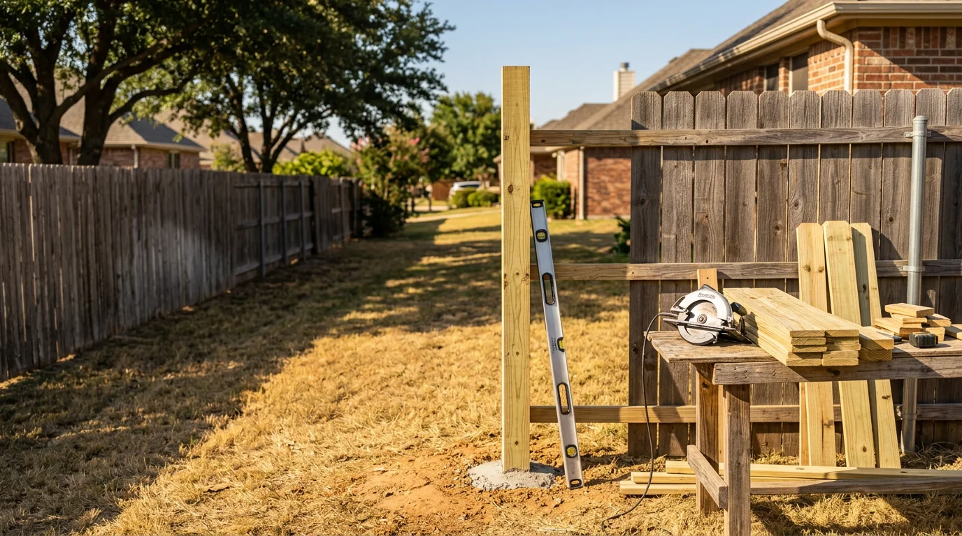 A repaired wooden privacy fence with freshly set posts and replaced pickets in a residential backyard in Midlothian, TX. The fence line is straight and structurally sound following storm damage repair by P&S Fencing and Decking.