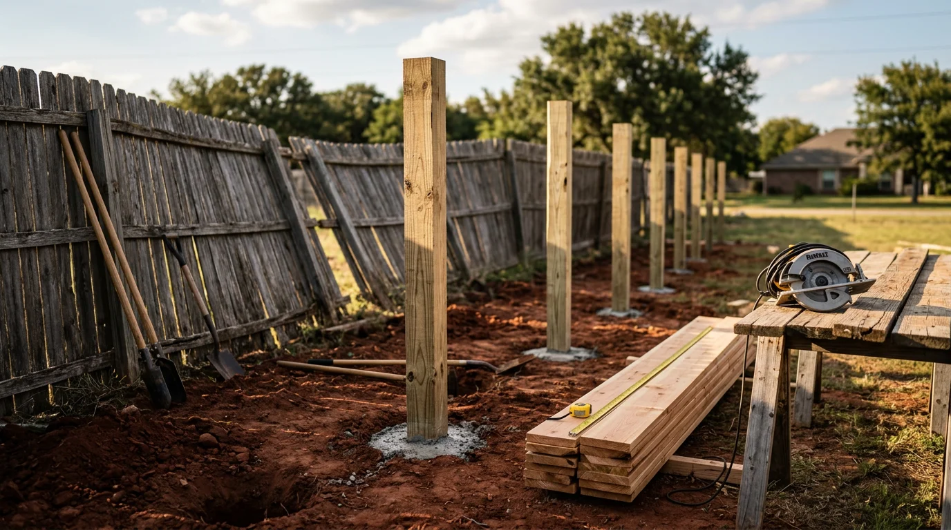Newly installed wood privacy fence replacing a damaged fence line in a residential backyard in Midlothian, TX. Fresh posts are set along the property boundary with clean panels replacing the old rotted sections.