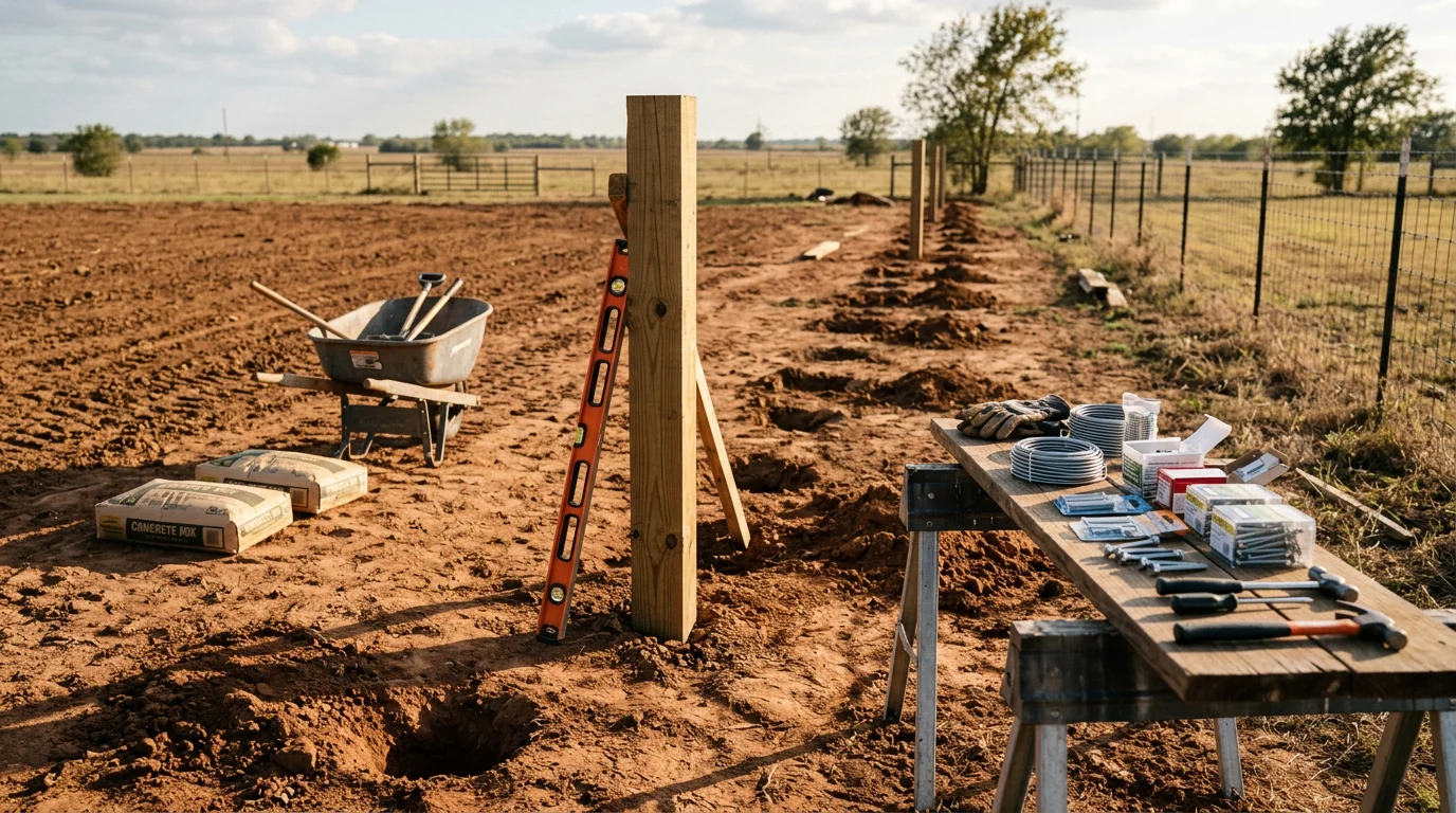 A newly installed wooden privacy fence running along the backyard boundary of a single-family home in Midlothian, TX. The fence panels are evenly spaced and plumb, with clean post caps visible against a clear Texas sky.