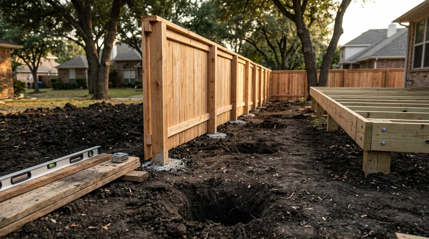 Newly installed cedar privacy fence and composite deck in the backyard of a single-family home in Midlothian, TX. The fence runs along the property line with a gate, and the deck extends from the rear of the house with wood-framed railings.