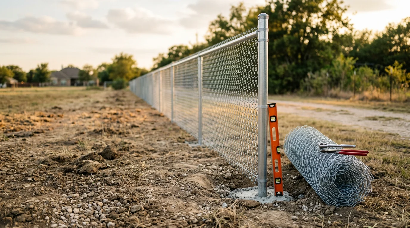 Installed chain link fence along the backyard boundary of a residential property in Midlothian, TX, with galvanized steel posts set in concrete and a matching gate on the side yard.