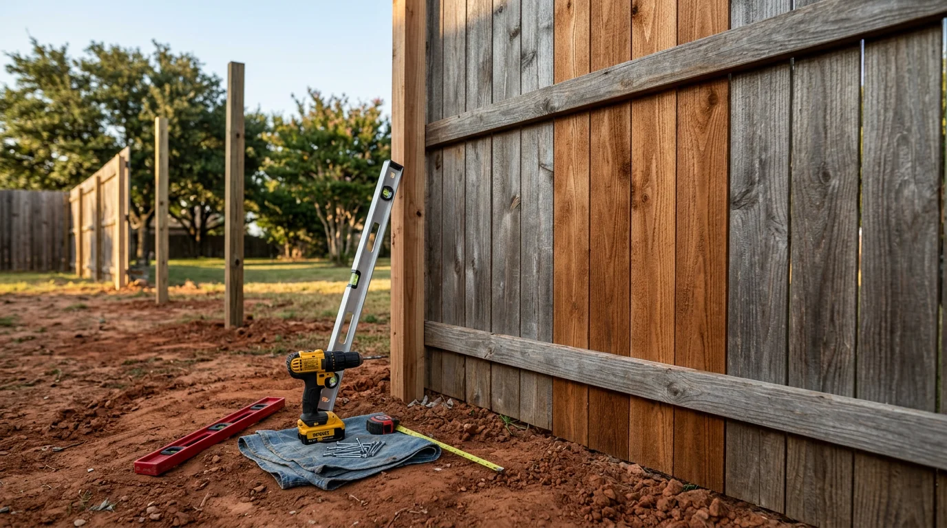 A newly installed wood privacy fence along the backyard boundary of a single-family home in Midlothian, TX, with straight posts and tight panels on a clear day. P&S Fencing and Decking fence installation in Ellis County, Texas.
