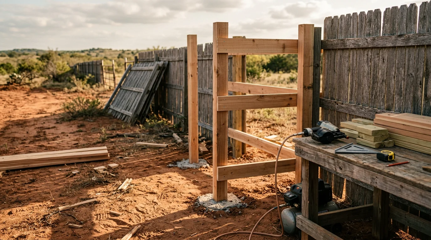 Newly installed cedar privacy fence along the backyard boundary of a single-family home in Midlothian, TX. Fence posts are set in concrete with uniform panel height and a wood gate visible at the side yard entry.