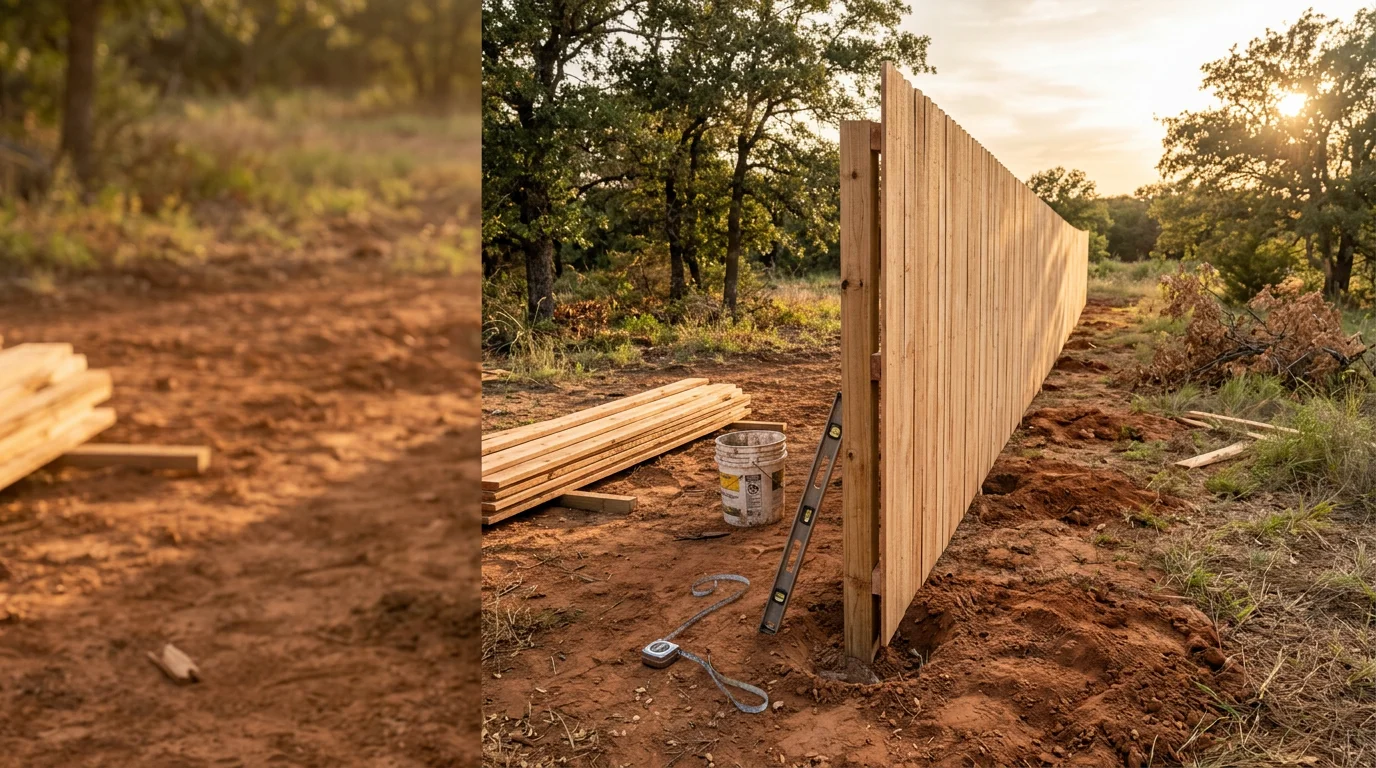 A freshly installed cedar privacy fence running along the backyard of a single-family home in Midlothian, TX, with a wrought iron section visible near the gate. The fence stands straight against a clear North Texas sky, showing clean post spacing and tight board alignment.
