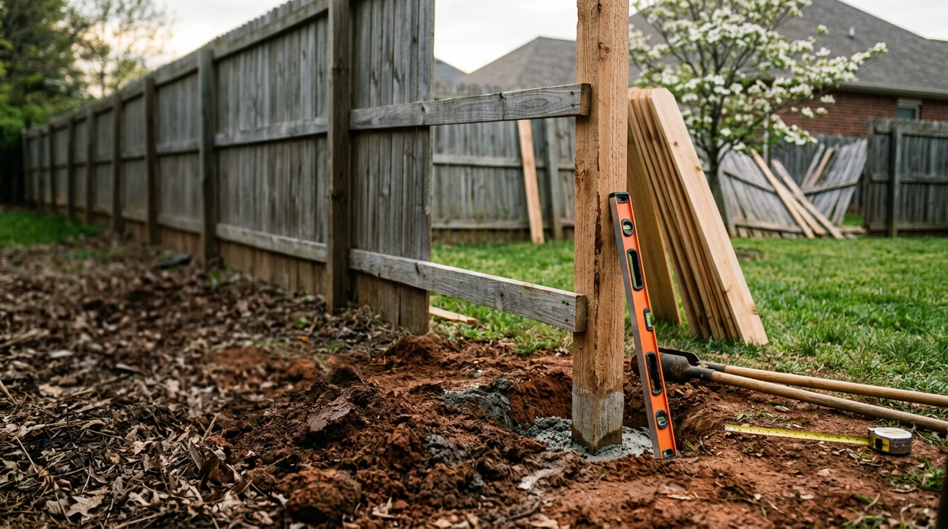 Newly installed wood privacy fence along the backyard of a single-family home in a Midlothian, TX subdivision. Posts are set in concrete footings with straight, level panels running the full length of the property line.