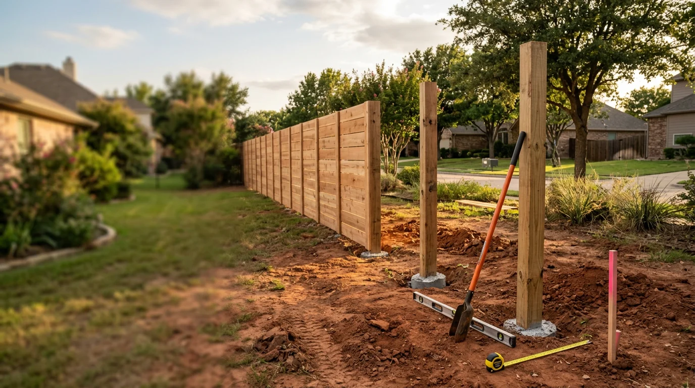 A P&S Fencing and Decking team member reviewing a residential backyard layout with a homeowner during a free consultation visit in Midlothian, TX. The yard shows an open fence line ready for planning.