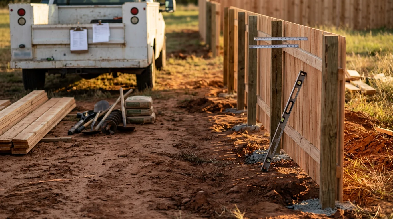 A P&S Fencing and Decking team member reviewing a fence line with a Midlothian homeowner during a free on-site quote visit. The backyard shows a residential lot with open ground ready for fence installation.