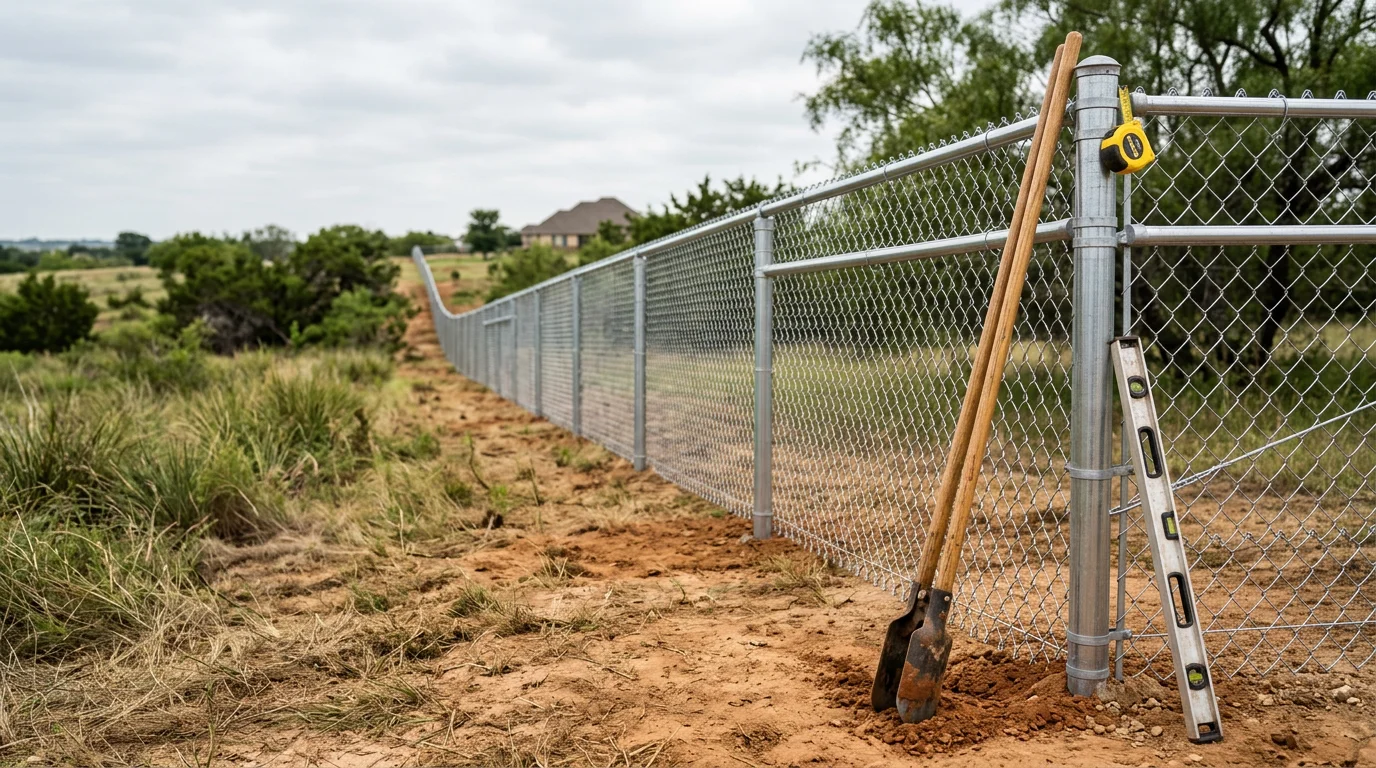 A completed galvanized steel fence installed along the rear property line of a residential home in Midlothian, TX. The zinc-coated steel posts and rails stand straight against a clear Texas sky with a grass yard visible behind the fence line.
