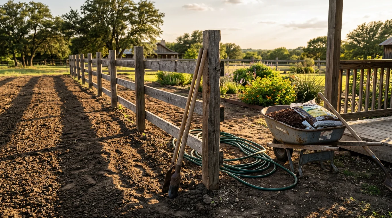 Garden equipment in use along a wood fence line on a residential property in Midlothian, TX, with clay soil visible at the base of the fence posts. A clean, maintained yard edge runs alongside a deck perimeter in the background.