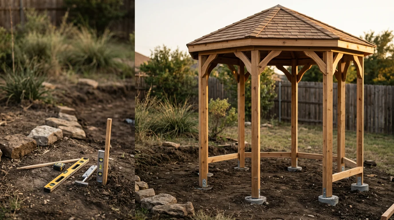 A custom-built backyard gazebo with a solid peaked roof and wood post framing, installed in a residential yard in Midlothian, TX. The structure provides full overhead shade over an outdoor seating area surrounded by a grass lawn.