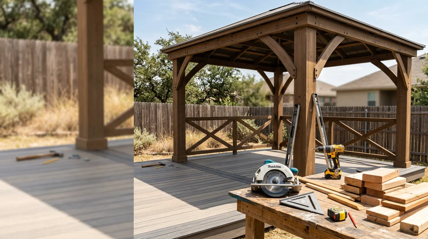 A custom-built freestanding gazebo with a pitched roof installed in a residential backyard in Midlothian, TX, providing shaded outdoor living space during the Texas summer. P&S Fencing and Decking gazebo installation serving Ellis County and surrounding North Texas communities.