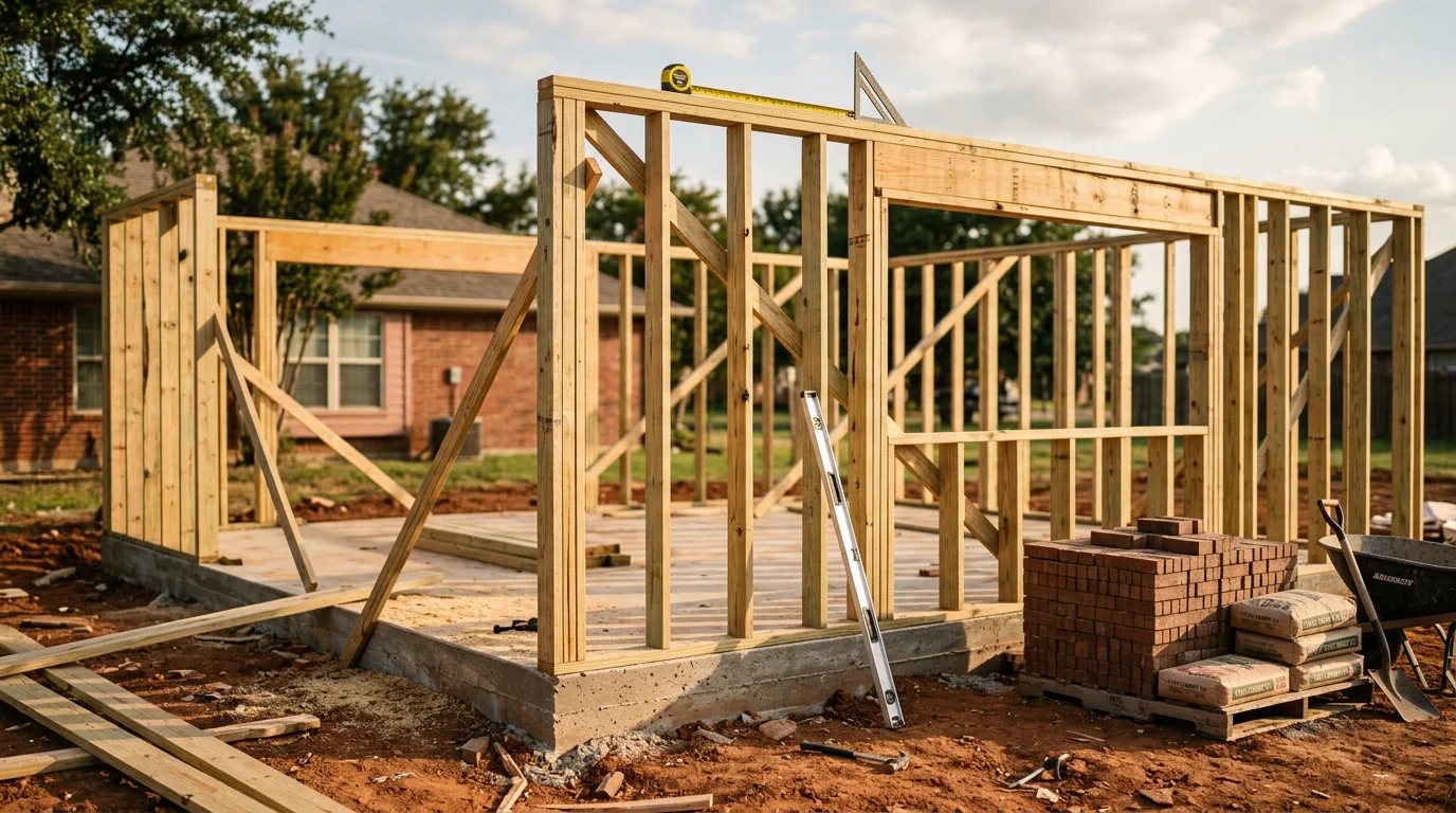 A newly constructed single-story home addition in Midlothian, TX with brick exterior matching the original home's facade. The addition extends the rear of the house and includes a finished roofline consistent with the existing structure.