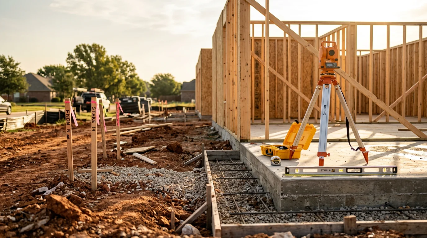 A newly constructed single-family home on a residential lot in Midlothian, TX, with a clean slab foundation and framed exterior walls under a clear North Texas sky. A general contractor crew works on the structure in the background.