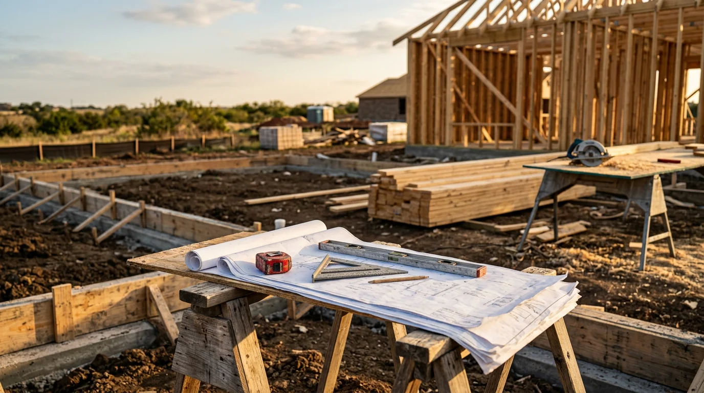 A newly constructed single-family home in Midlothian, TX with a clean exterior finish and open lot, representing residential home construction work by P&S Fencing and Decking. The home sits on a spacious homesite typical of Ellis County neighborhoods in the North Texas area.