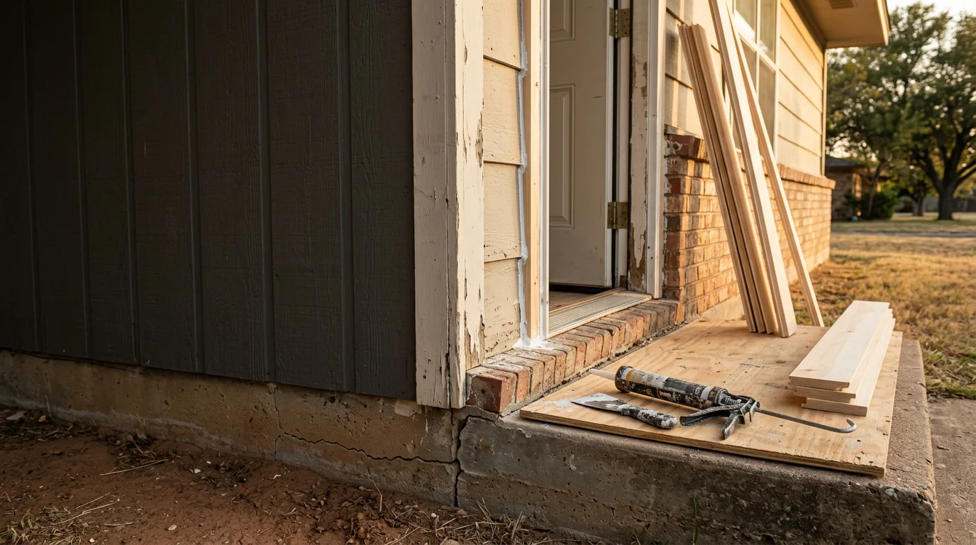 A repaired exterior wall and door frame on a single-family home in Midlothian, TX, showing clean trim lines and weather-tight surfaces after professional home repair work. The surrounding yard reflects the open residential landscape typical of Ellis County neighborhoods.