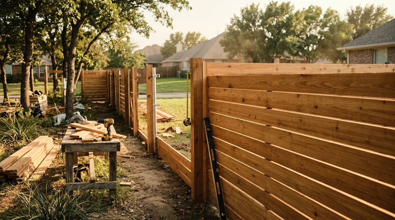 A horizontal wood fence with evenly spaced boards installed along the backyard of a residential property in Midlothian, TX. Clean parallel lines run the length of the fence line against a clear Texas sky.