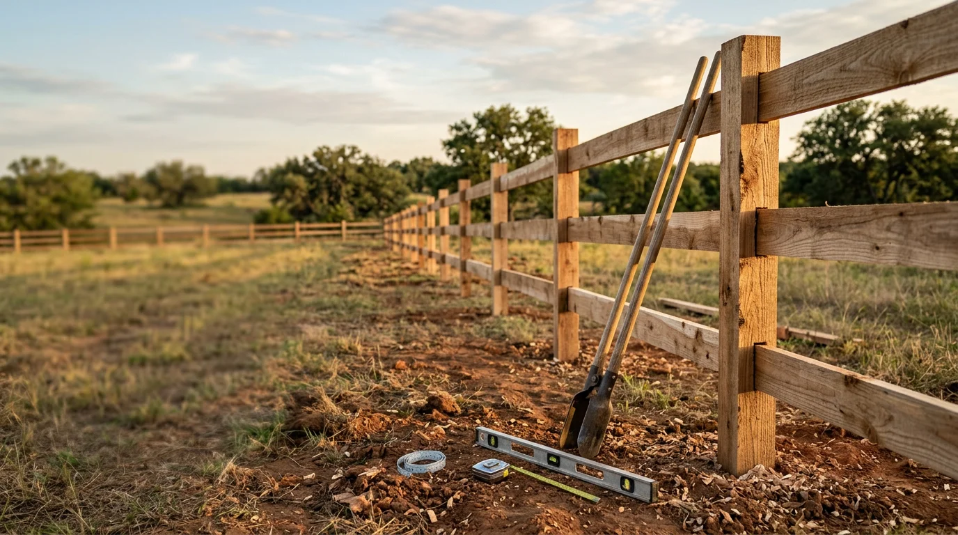 A multi-rail horse fence installed along a grassy pasture on a rural property in Midlothian, TX. Solid posts and evenly spaced rails define a clear paddock boundary under a wide Texas sky.