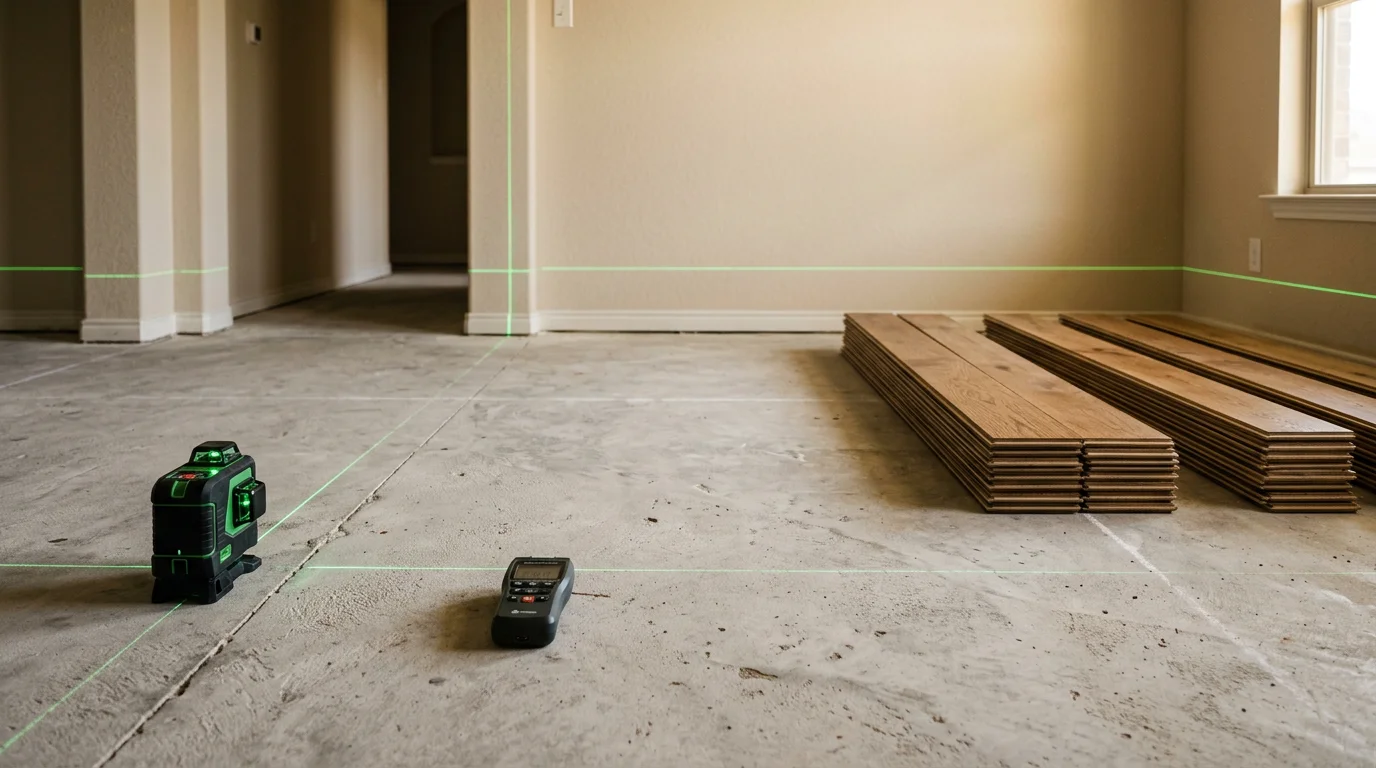 Freshly installed flooring in a single-family home in Midlothian, TX, showing clean seams and a smooth finish across an open-concept living area. A P&S Fencing and Decking crew member inspects the completed floor near a large window.