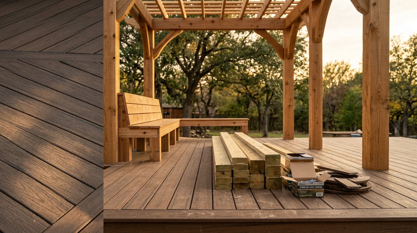 A finished backyard deck in Midlothian, TX featuring a pergola, built-in bench seating along the perimeter, and integrated step lighting. The structure is attached to a single-family home with an open lawn visible in the background.