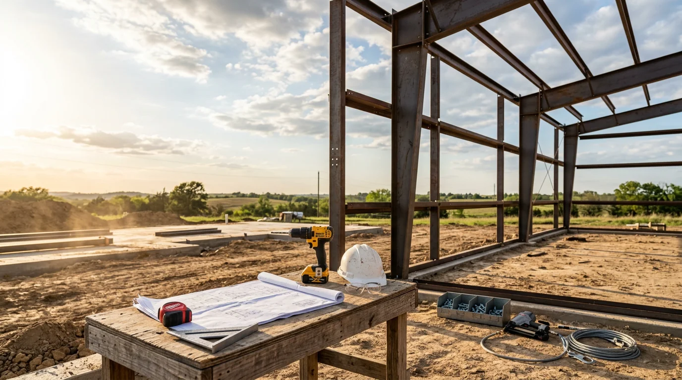 A completed metal building with a large roll-up door on a rural property in Midlothian, TX. The steel structure sits on a concrete slab with open land visible in the background.