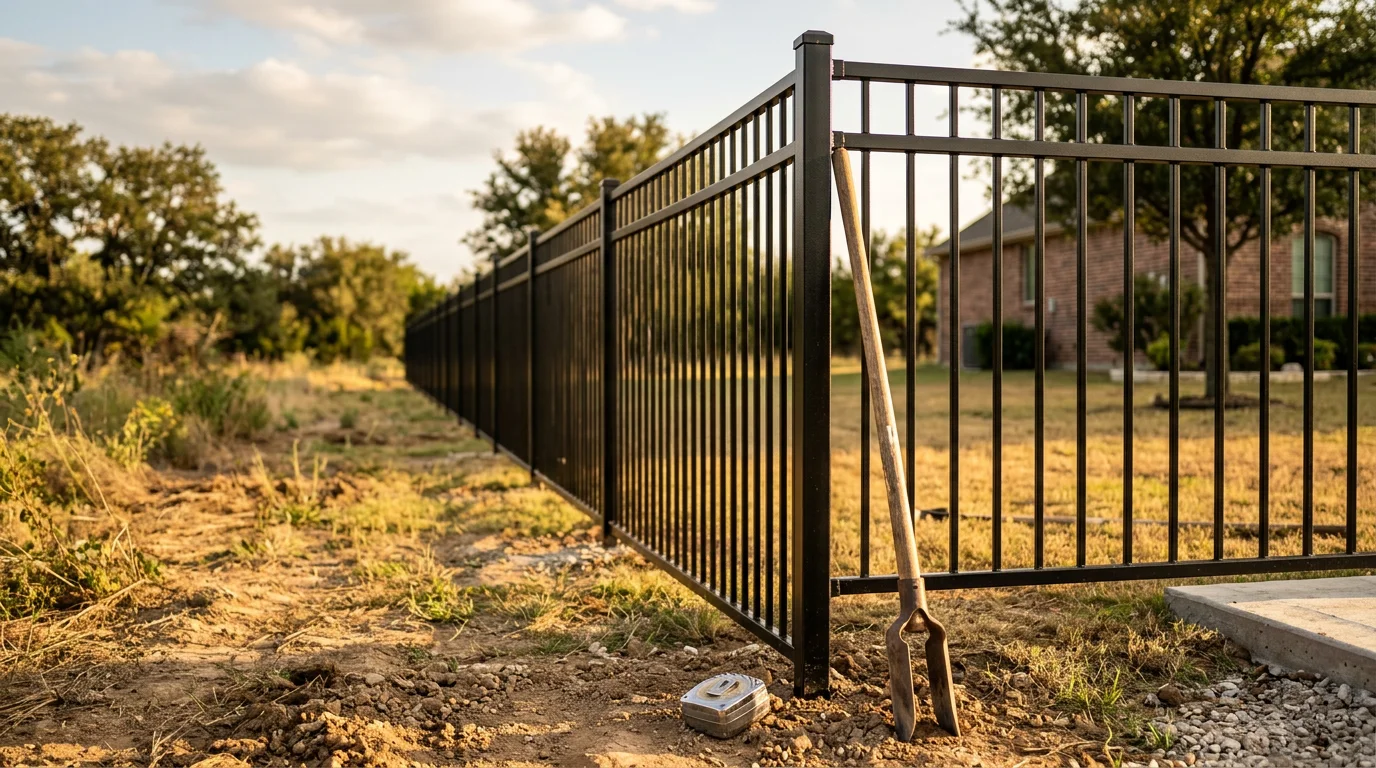 Installed metal fence along the perimeter of a residential property in Midlothian, TX, with a clear post-and-rail structure set against an open yard. The fence line runs straight across a flat lot typical of Ellis County properties.