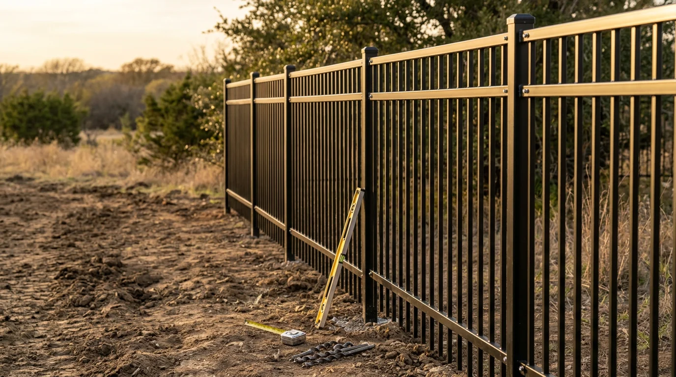 Installed metal fence along the front yard of a residential property in Midlothian, TX, with clean post alignment and a secure gate. North Texas neighborhood visible in the background.