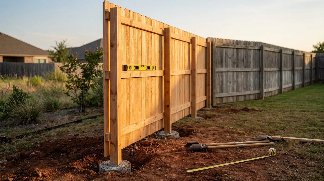 A newly installed wood privacy fence along the backyard of a residential property in Midlothian, TX. The fence runs along a flat lot with a clear blue Texas sky in the background.