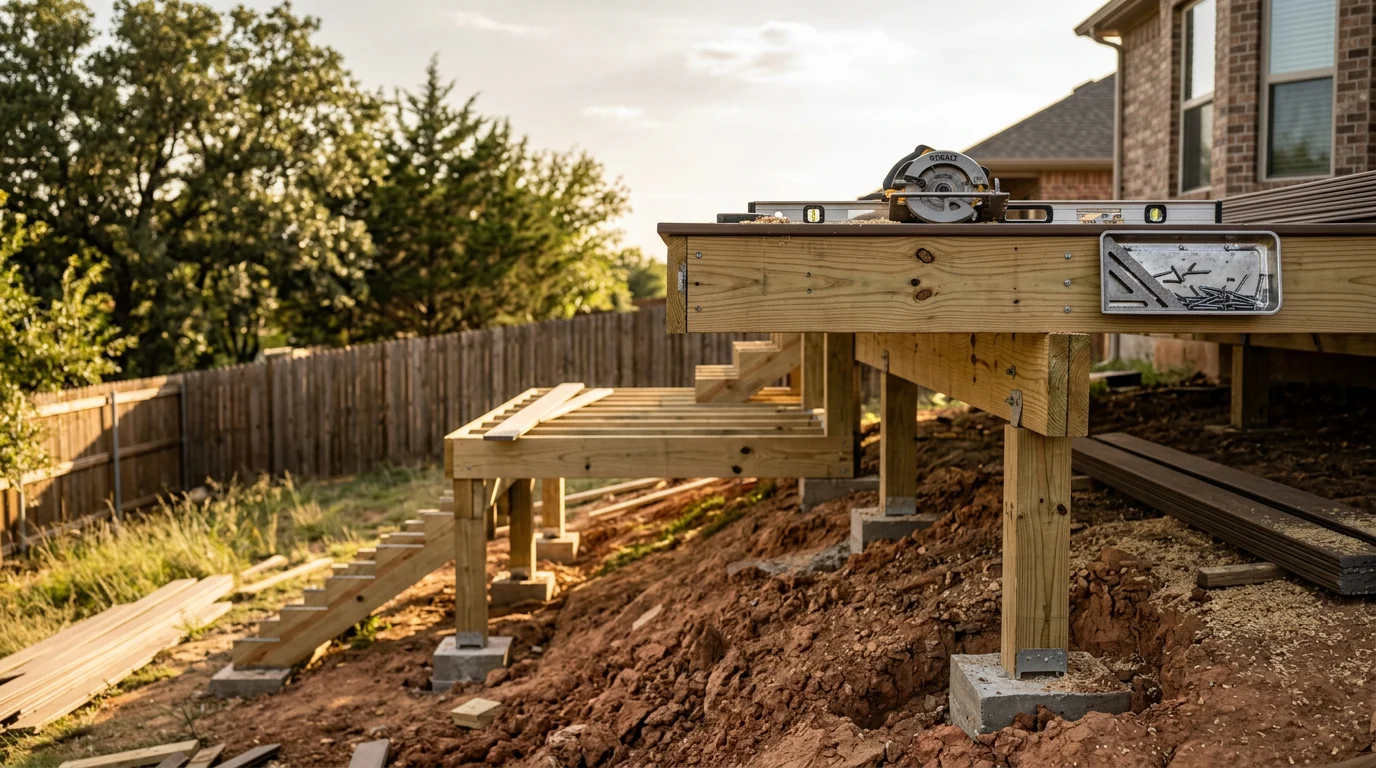 A finished two-tier wood deck expansion attached to a residential home in Midlothian, TX, showing separate upper and lower levels connected by built-in stairs and railing. The lower tier extends into a grassy backyard with a clear view of the open Texas sky.