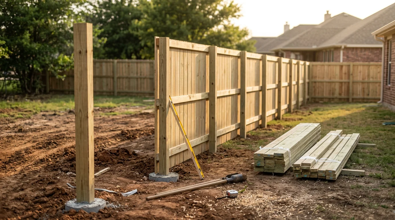 Newly installed wood privacy fence along the backyard of a single-family home in Midlothian, TX, with posts set in concrete and panels running flush along the property line. The fence borders a residential subdivision lot on a clear North Texas day.