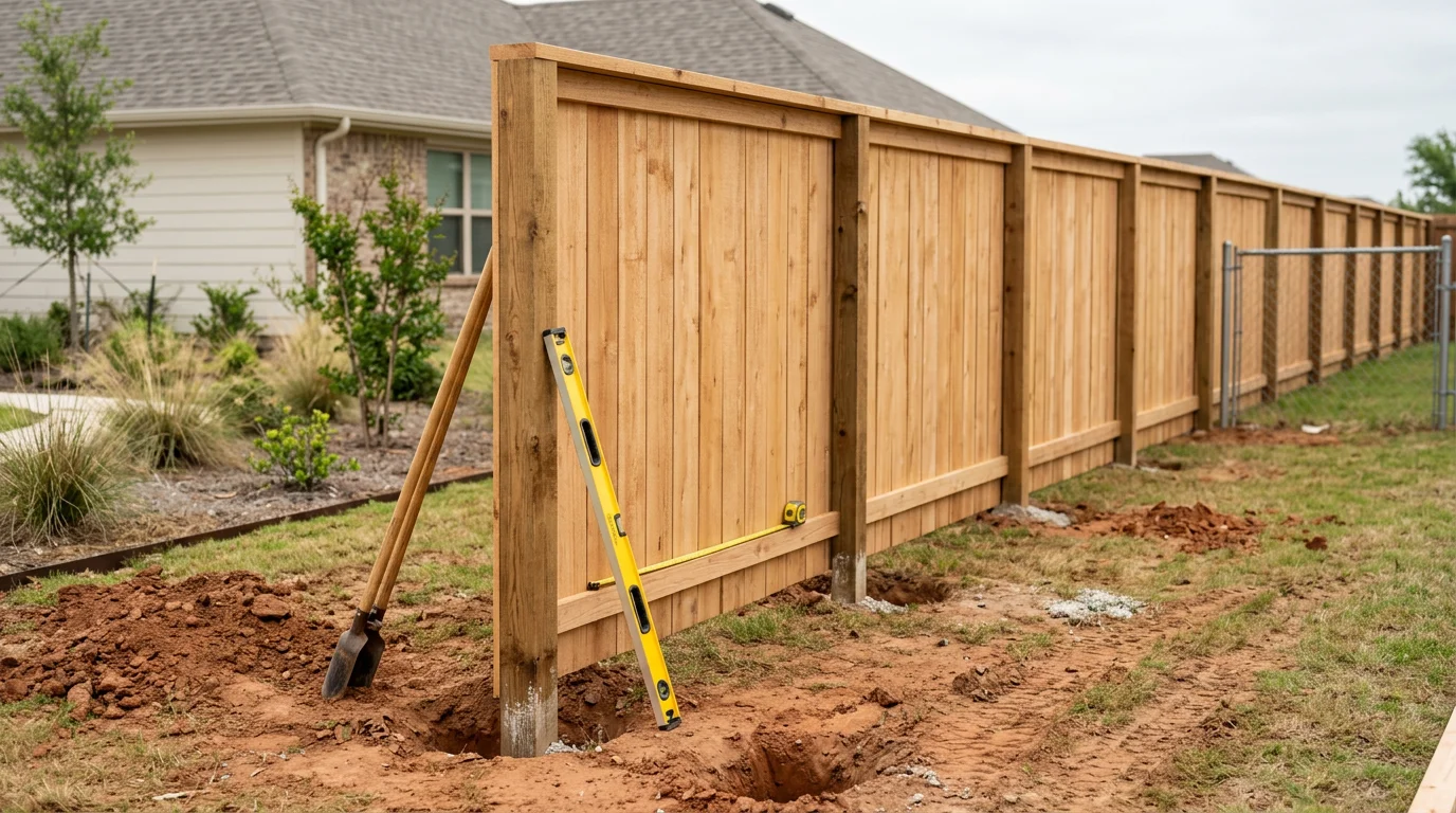 A newly installed wood privacy fence along the backyard of a single-family home in Midlothian, TX, with green grass and a clear blue Texas sky in the background. The fence panels are evenly spaced and plumb, showing clean, finished installation work.