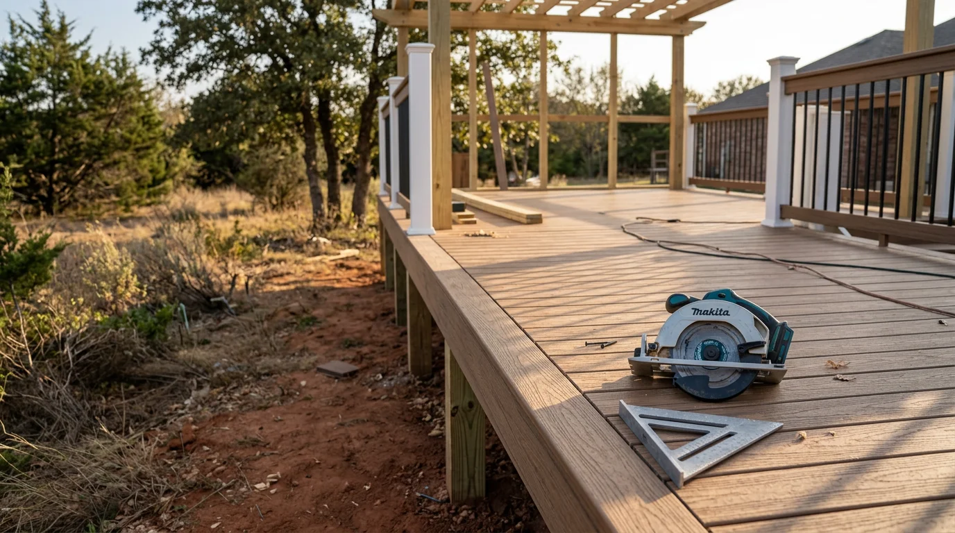 A custom wood deck and covered pergola built by P&S Fencing and Decking in a Midlothian, TX backyard. The structure includes privacy fencing along the perimeter and an open-air seating area shaded from the Texas sun.