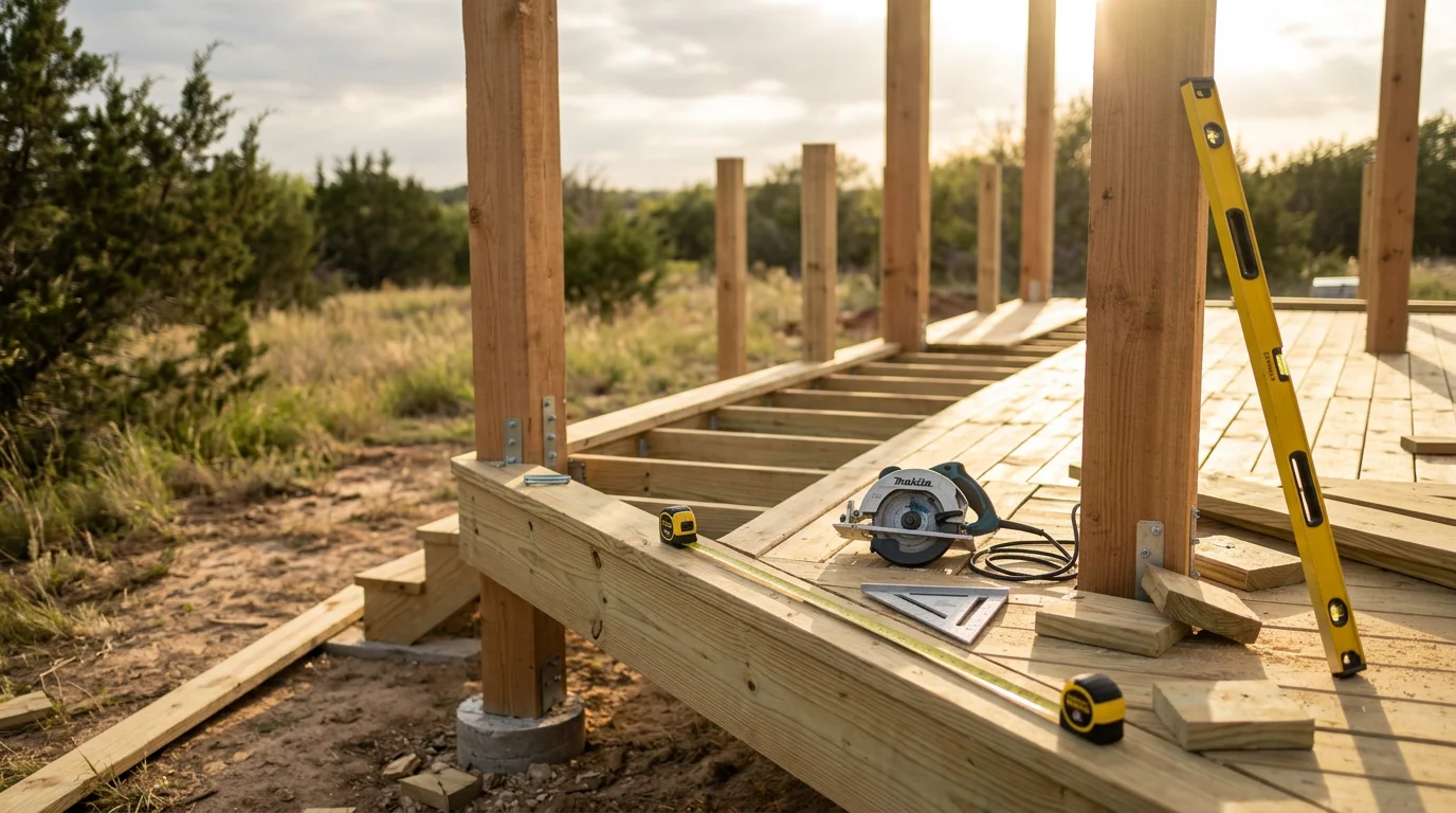 A custom wood deck and covered pergola built by P&S Fencing and Decking in a Midlothian, TX backyard, showing defined seating and entertaining space bordered by privacy fencing.