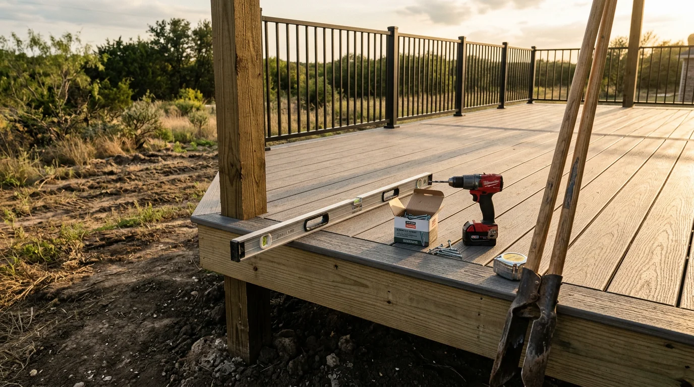 A custom wood deck and covered patio structure built in a residential backyard in Midlothian, TX, showing framed overhead shade coverage and board spacing suited for North Texas heat and clay soil conditions.