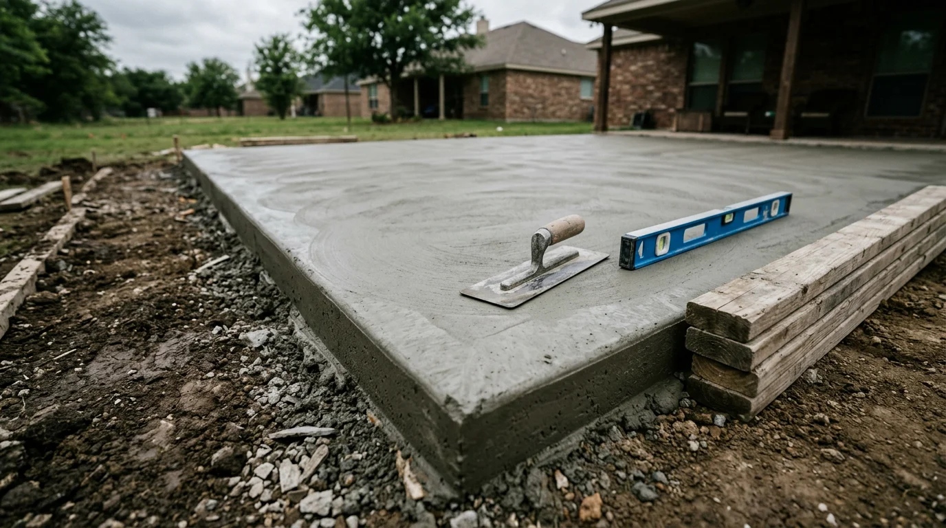 A finished backyard patio built by P&S Fencing and Decking for a residential home in Midlothian, TX. The concrete surface is level and clean, set against a North Texas backyard with open sky.