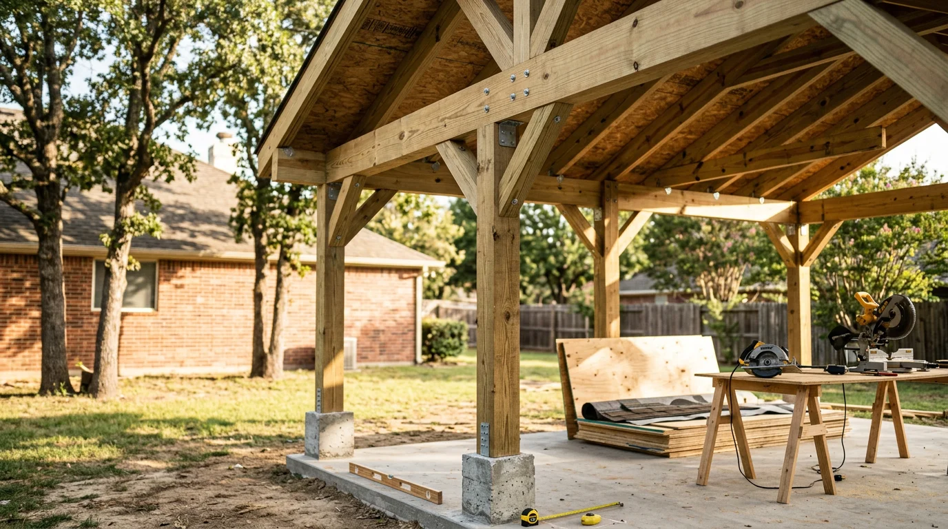 A newly built attached patio cover over a concrete backyard slab on a residential home in Midlothian, TX, with a pitched roof framed to match the existing roofline. The covered structure provides full shade over an outdoor seating area on a clear Texas afternoon.