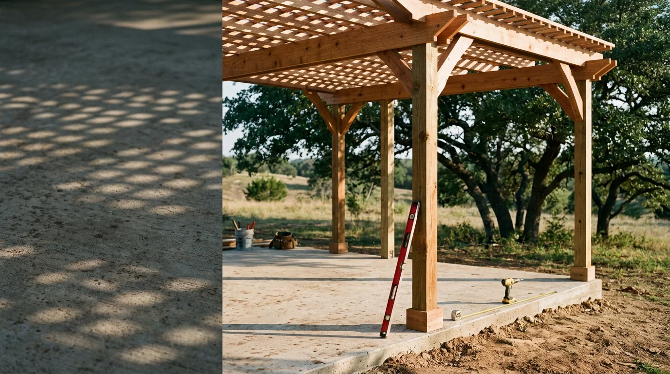 A custom wood patio pergola built over a backyard concrete slab in Midlothian, TX, with open beam construction providing partial shade over an outdoor seating area. The structure is set in a residential backyard typical of the North Texas area served by P&S Fencing and Decking.