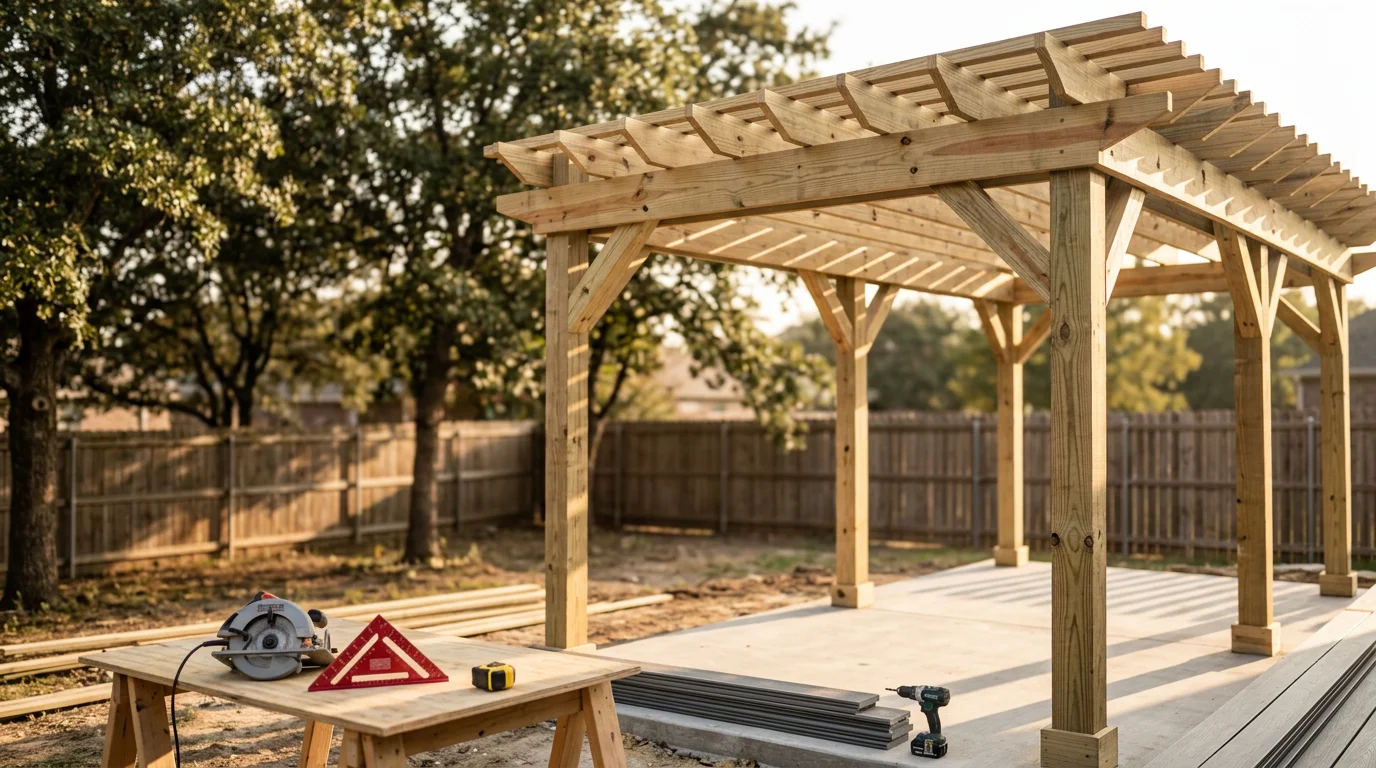 A custom wood pergola built over a backyard patio in Midlothian, TX, with open beam construction providing shade over an outdoor seating area. The structure is anchored to a concrete patio surface on a residential lot typical of the Midlothian area.