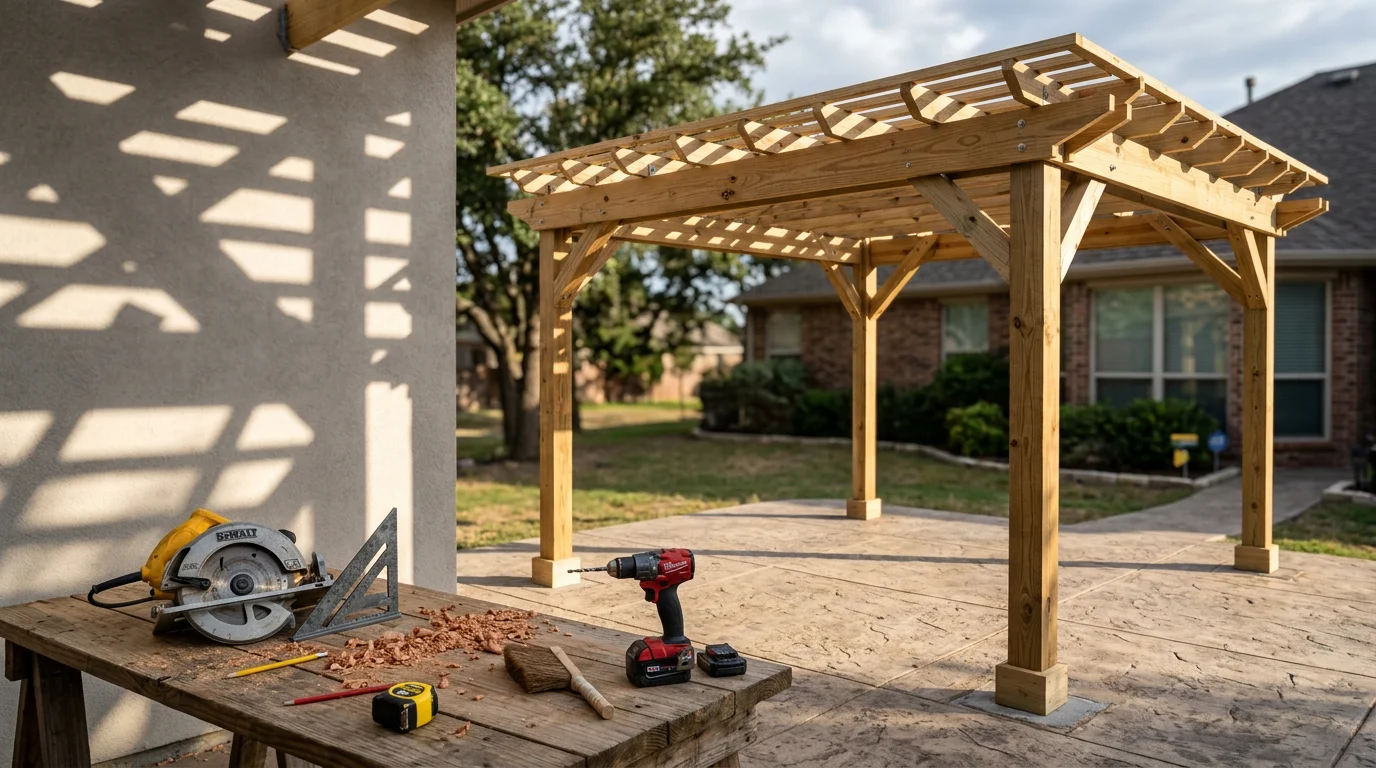 A custom-built wood pergola in a residential backyard in Midlothian, TX, providing overhead shade above a patio seating area. The structure features open-beam rafters and clean post construction suited to the Texas outdoor living style.