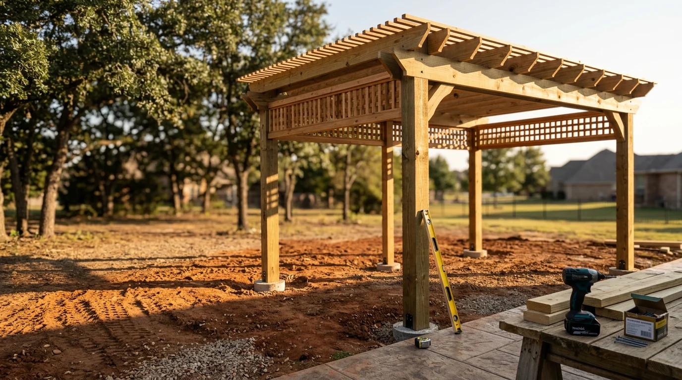 Custom wood pergola installed in a Midlothian TX backyard, with open beam roof structure providing filtered shade over an outdoor seating area. The structure is anchored on a concrete pad with clean post and beam framing visible against a clear Texas sky.
