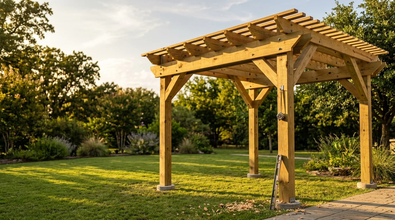 A custom wood pergola installed in a residential backyard in Midlothian, TX, providing open-beam shade over an outdoor seating area. The structure sits on a concrete patio surrounded by a grassy yard typical of Ellis County homes.
