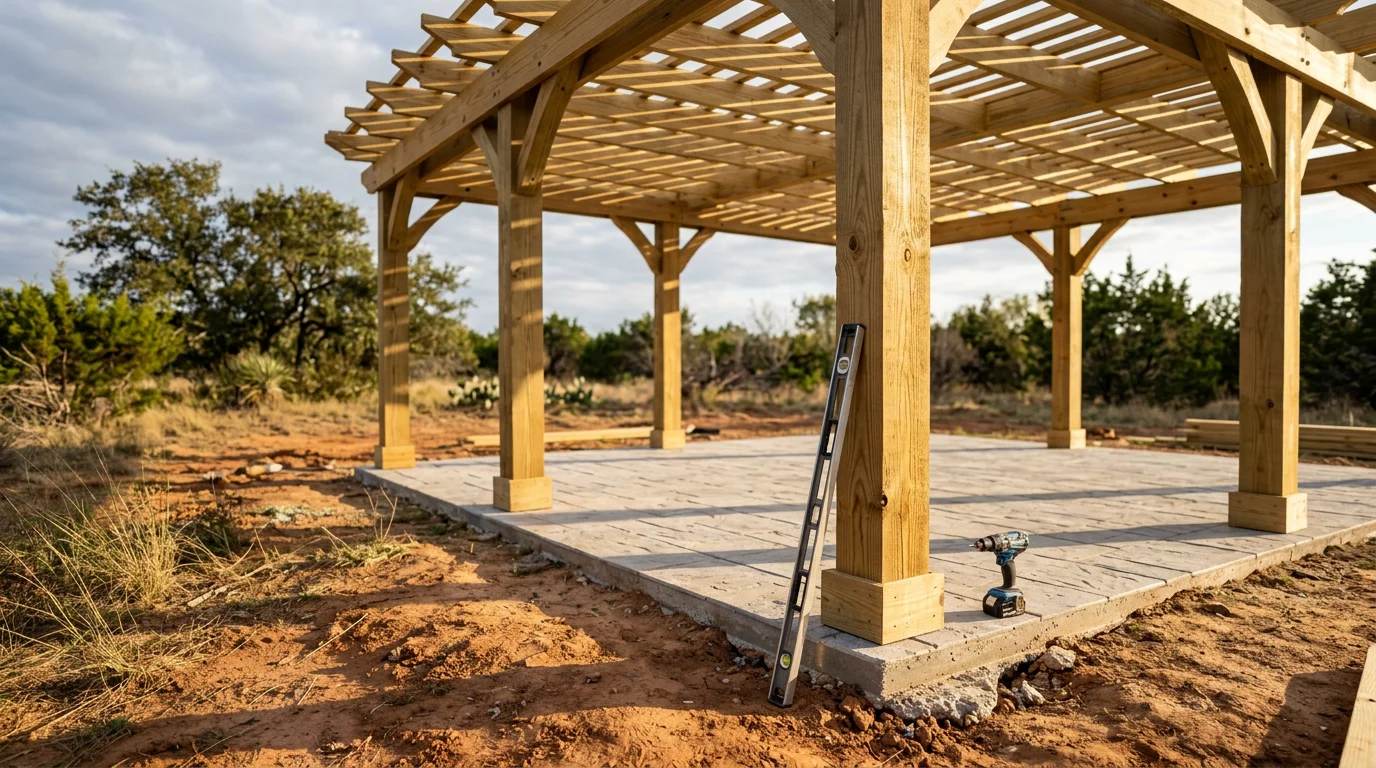 A custom wood pergola installed over a backyard patio in Midlothian, TX, with open beam rafters casting shade across outdoor seating. The structure sits on concrete footings in a residential yard typical of the Ellis County area.