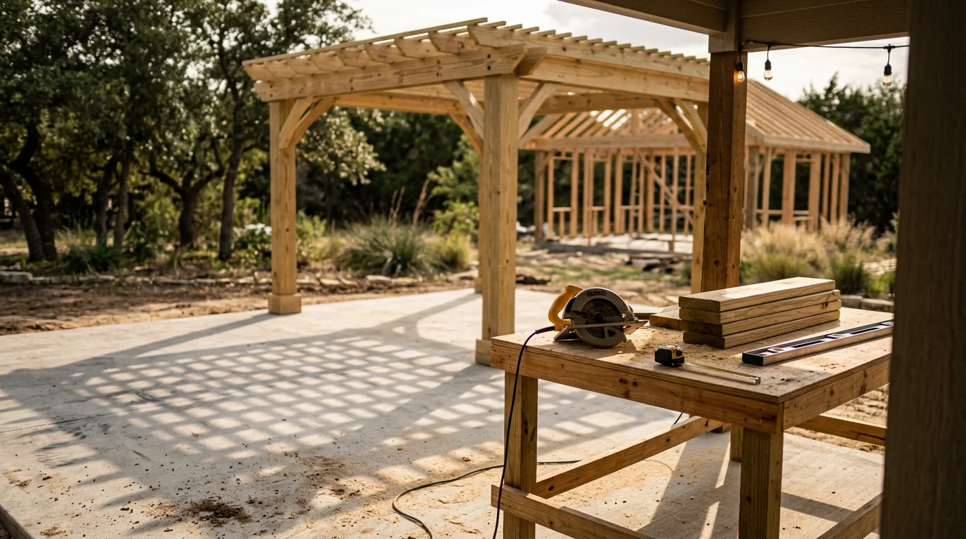 Custom wood pergola built by P&S Fencing and Decking in a residential backyard in Midlothian, TX, providing shaded outdoor seating space. The structure features open roof slats and sturdy posts set on a concrete patio pad.