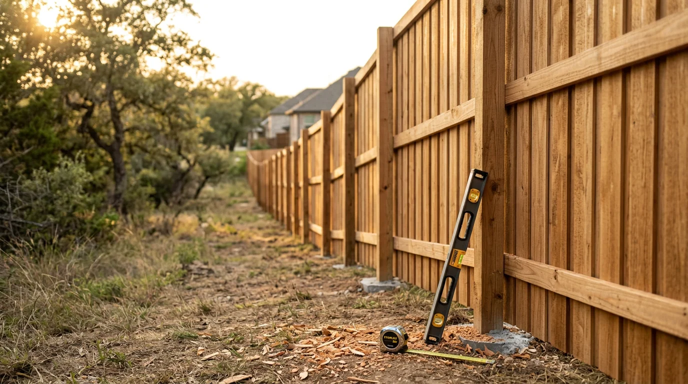 A custom wood privacy fence and attached deck installed on a residential property in Midlothian, TX, showing clean post alignment and finished trim along a backyard lot line. The build reflects a personalized layout planned to fit the specific dimensions and use of the homeowner's outdoor space.