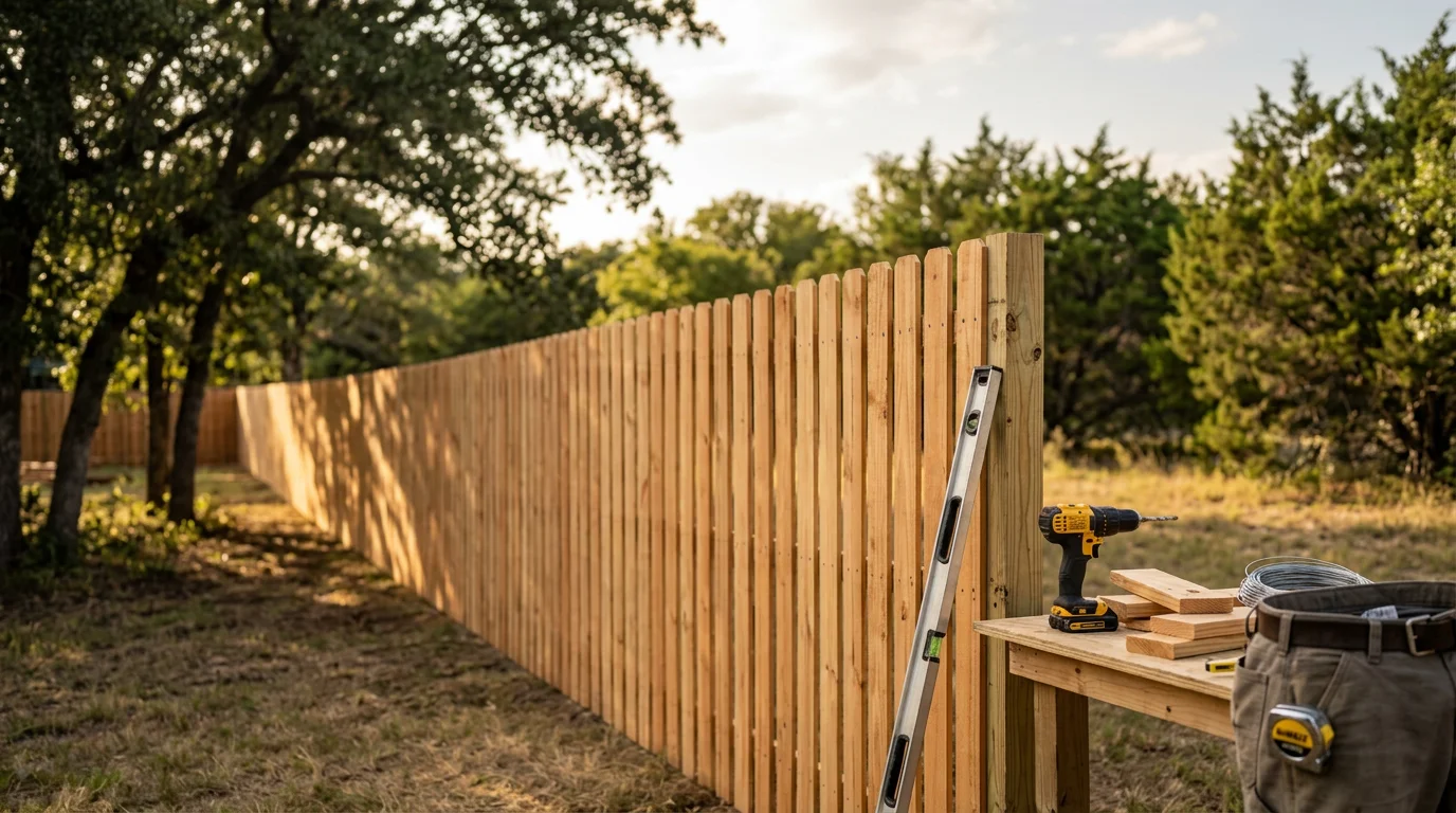 A newly installed pressure-treated pine privacy fence running along the backyard of a residential property in Midlothian, TX. The fence features evenly spaced vertical boards with a clean top line, set against a clear Texas sky.