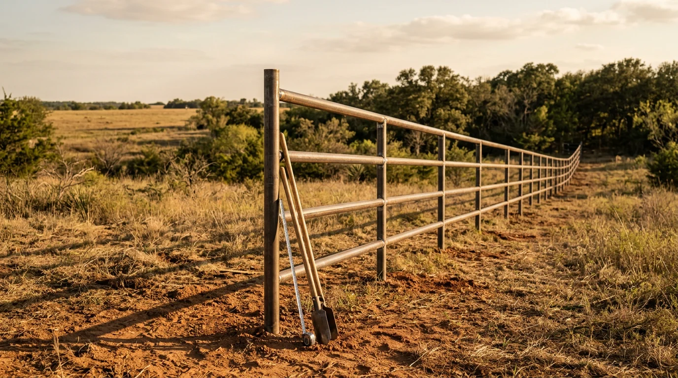 Welded steel pipe fence installed along a rural acreage property boundary in Midlothian, TX, with open pasture land visible behind the fence line.